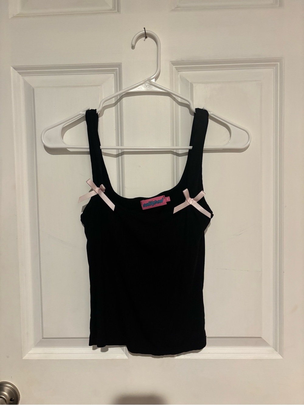 Edikted Black Ribbed Tank with Pink Tag Detail